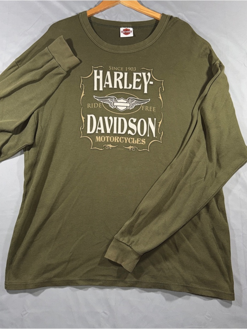 Harley-Davidson Vintage Olive Green Long Sleeve Thermal Waffle Knit Shirt 2XL